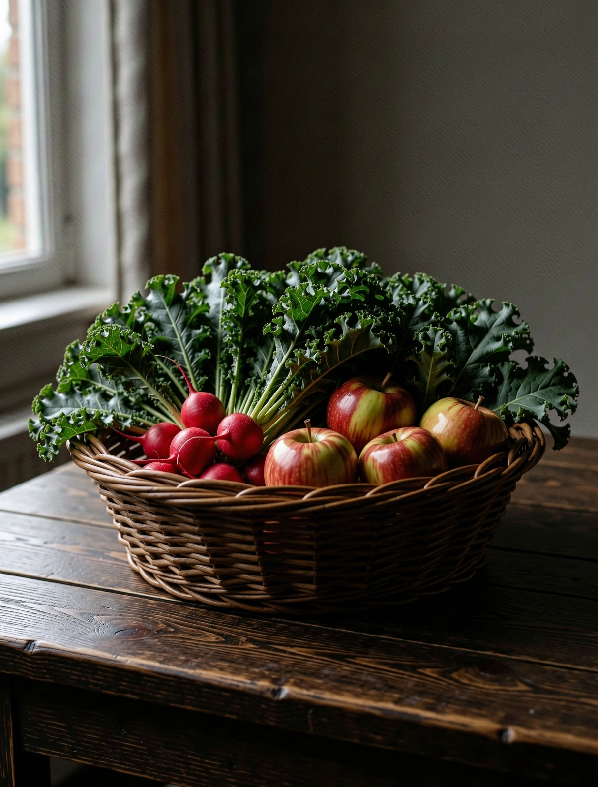 Frische saisonale Ernte in einem Gartenkorb